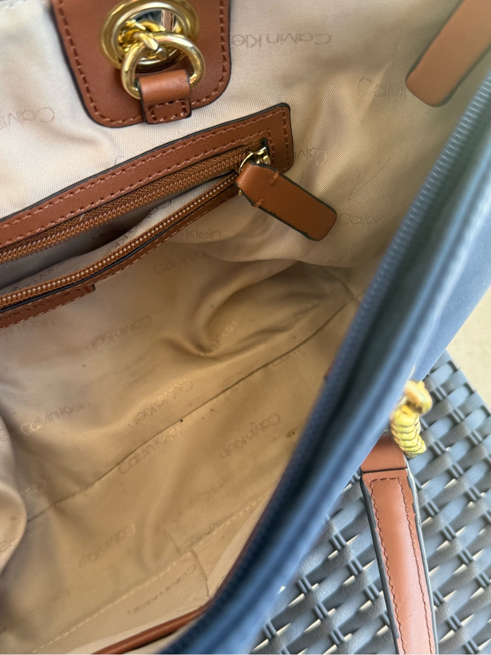Calvin Klein Navy Tote with Brown Handles and Gold Hardware - Picture 8 of 10
